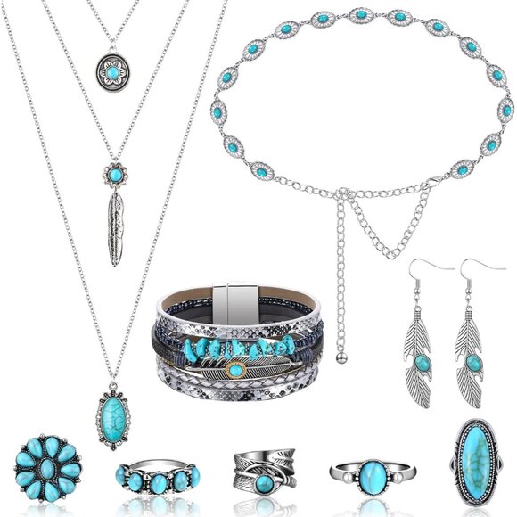Jewelry - 9 Pcs Western Turquoise Jewelry Set Necklace Earrings Rings Waist Chain
